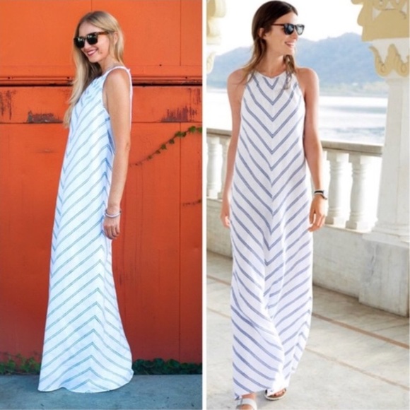J. Crew Dresses & Skirts - J.Crew 100% linen maxi dress chevron print Size 2 striped summer boho white blue